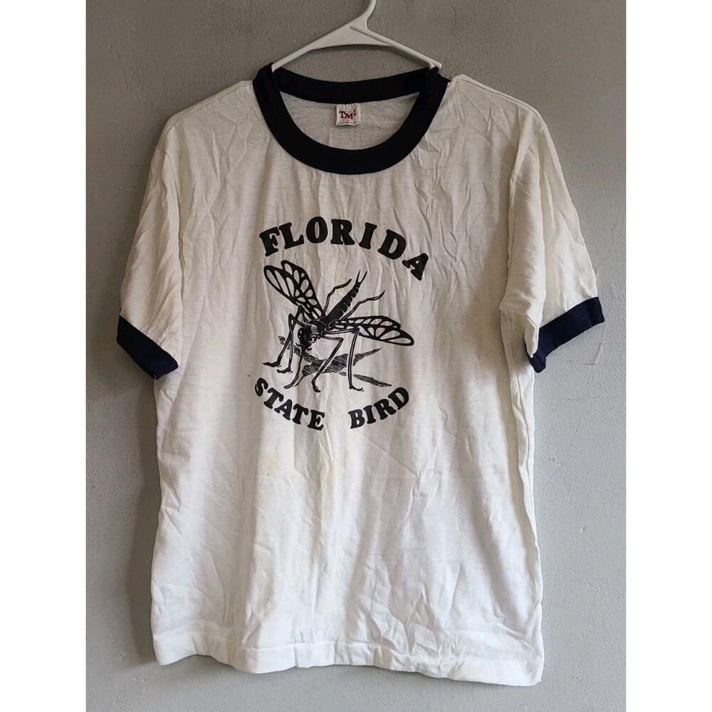 Vintage 1970s men's medium Florida State Bird mosquito white t-shirt navy trim